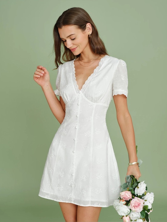 RIHOAS Dresses & Skirts - Rihoas White V Neck Embroidery Lace Mini Dress